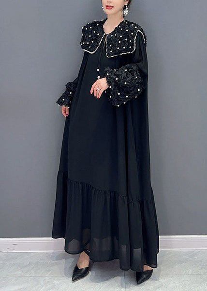 Boho Black Peter Pan Collar Nail Bead Patchwork Long Cotton Dress Spring LC0346