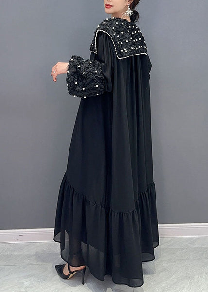 Boho Black Peter Pan Collar Nail Bead Patchwork Long Cotton Dress Spring LC0346