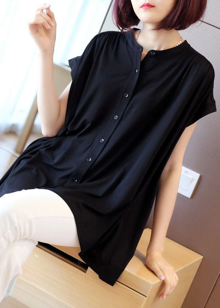 Boho Black Stand Collar Oversized Button Cotton Shirt Short Sleeve LY1397
