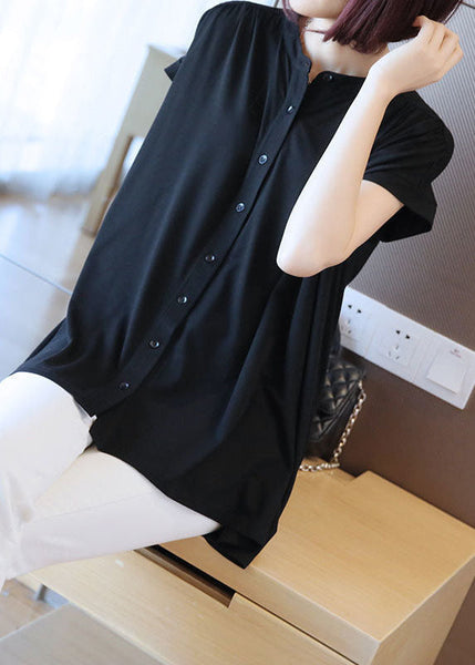 Boho Black Stand Collar Oversized Button Cotton Shirt Short Sleeve LY1397