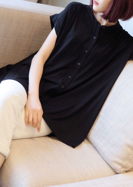 Boho Black Stand Collar Oversized Button Cotton Shirt Short Sleeve LY1397