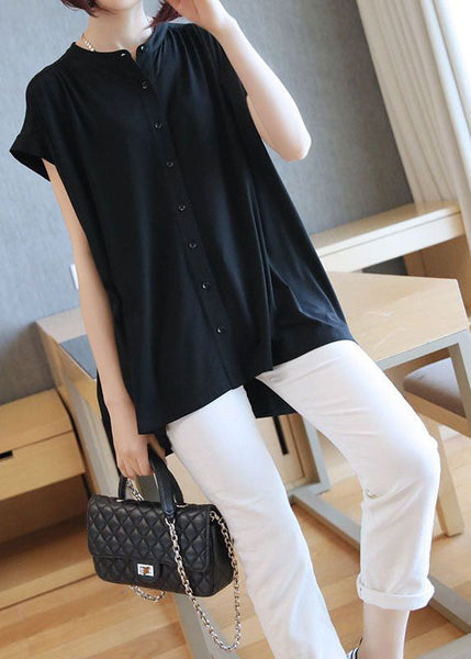 Boho Black Stand Collar Oversized Button Cotton Shirt Short Sleeve LY1397