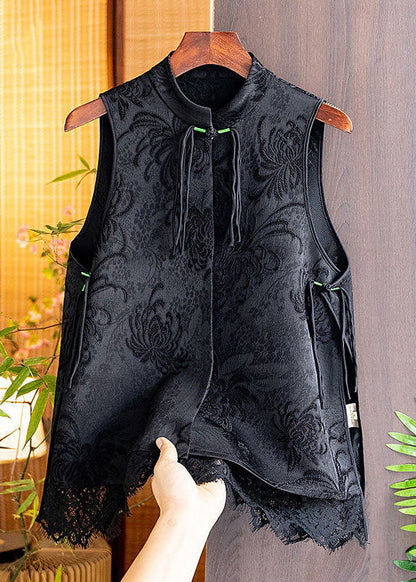 Boho Black Tasseled Patchwork Lace Side Open Silk Vest Sleeveless LC0292