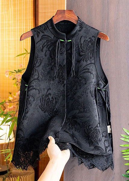 Boho Black Tasseled Patchwork Lace Side Open Silk Vest Sleeveless LY1718