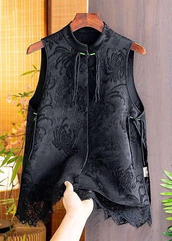 Boho Black Tasseled Patchwork Lace Side Open Silk Vest Sleeveless LY1718