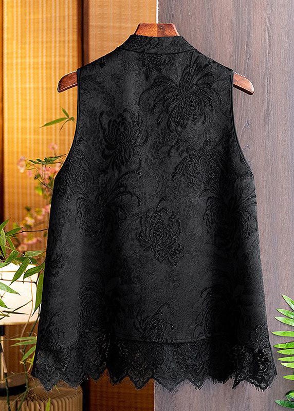 Boho Black Tasseled Patchwork Lace Side Open Silk Vest Sleeveless LC0292