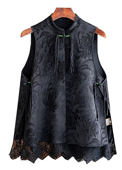 Boho Black Tasseled Patchwork Lace Side Open Silk Vest Sleeveless LC0292