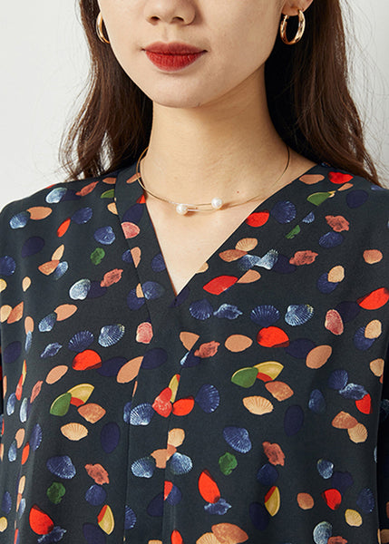 Boho Black V Neck Asymmetrical Design Print Chiffon Two Pieces Set Spring LC0418