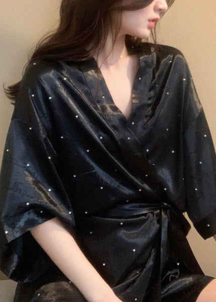 Boho Black V Neck Dot Tie Waist Ice Silk Mid Dress Long Sleeve LY1877