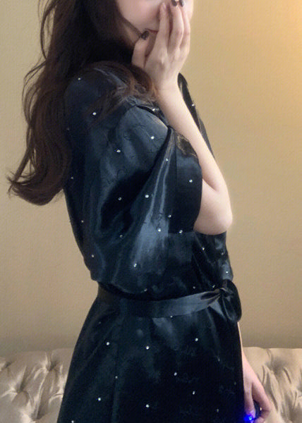 Boho Black V Neck Dot Tie Waist Ice Silk Mid Dress Long Sleeve LY1877