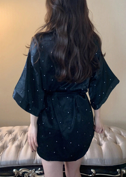 Boho Black V Neck Dot Tie Waist Ice Silk Mid Dress Long Sleeve LY1877