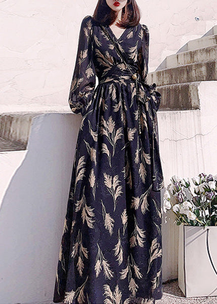 Boho Black V Neck Print Slim Long Dress Long Sleeve LY1721