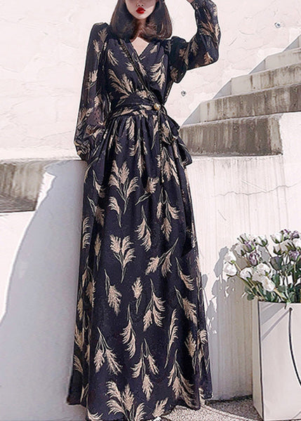 Boho Black V Neck Print Slim Long Dress Long Sleeve LY1721