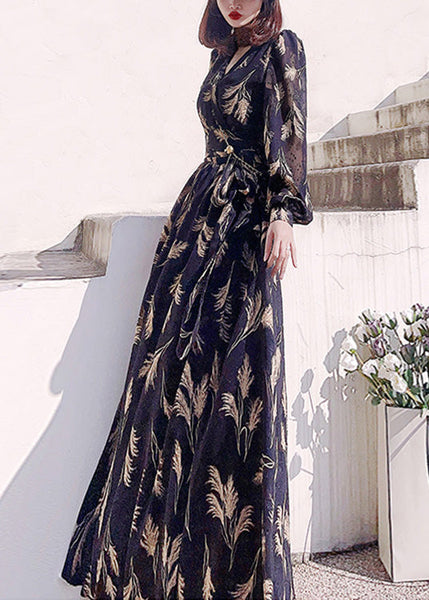 Boho Black V Neck Print Slim Long Dress Long Sleeve LY1721