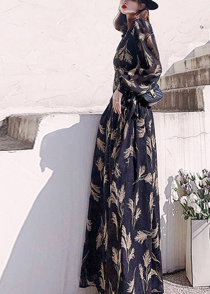 Boho Black V Neck Print Slim Long Dress Long Sleeve LY1721