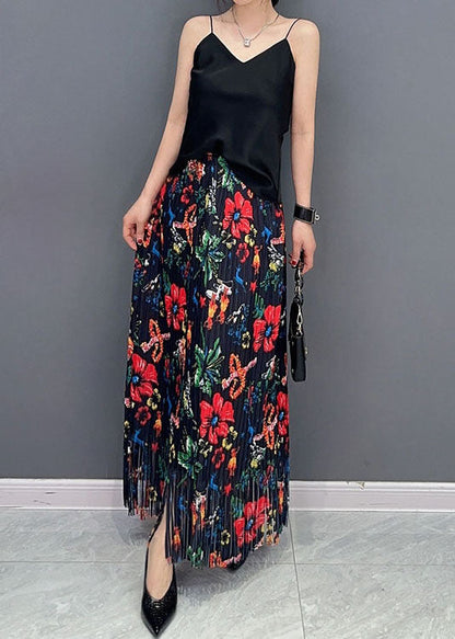 Boho Black Wrinkled Tasseled Floral Print Cotton Skirts Spring LC0339