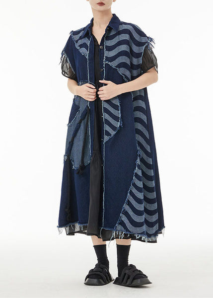 Gilet long sans manches en denim de coton patchwork asymétrique bleu bohème LC0157