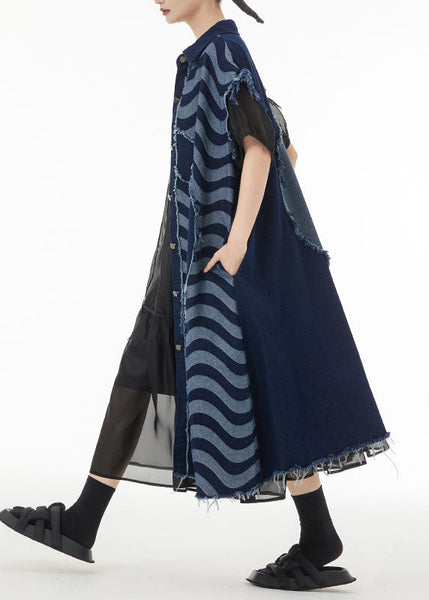 Gilet long sans manches en denim de coton patchwork asymétrique bleu bohème LC0157