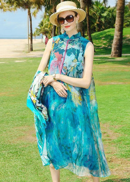 Boho Blue O-Neck Tasseled Print Silk Two Piece Set Outfits Summer LC0238