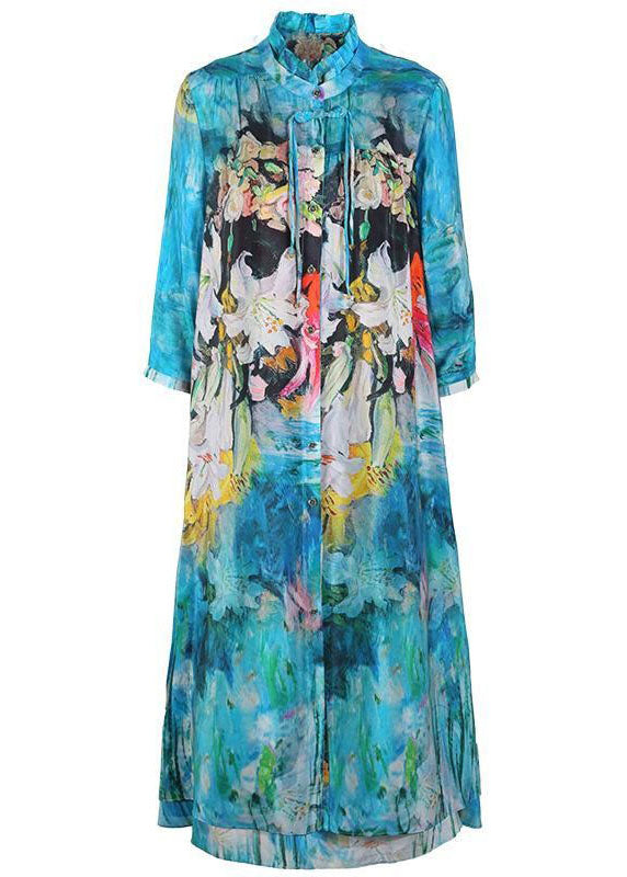 Boho Blue O-Neck Tasseled Print Silk Two Piece Set Outfits Summer LC0238