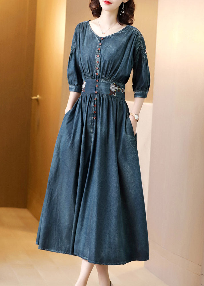 Boho Blue O-Neck Wrinkled Tunic Cotton Denim Maxi Dress Long Sleeve AC2037