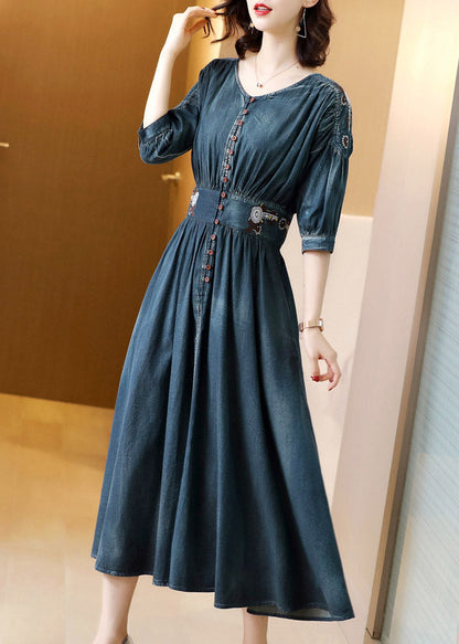 Boho Blue O-Neck Wrinkled Tunic Cotton Denim Maxi Dress Long Sleeve AC2037