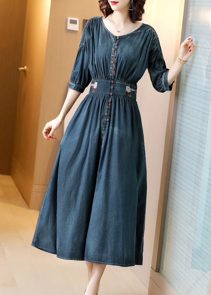 Boho Blue O-Neck Wrinkled Tunic Cotton Denim Maxi Dress Long Sleeve AC2037