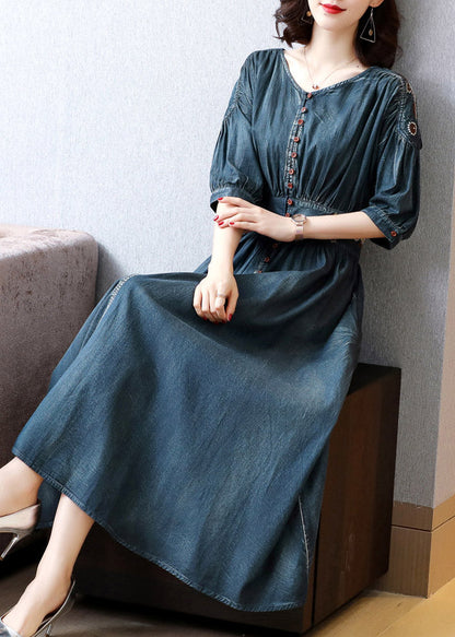 Boho Blue O-Neck Wrinkled Tunic Cotton Denim Maxi Dress Long Sleeve AC2037