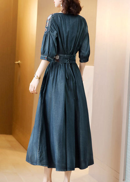 Boho Blue O-Neck Wrinkled Tunic Cotton Denim Maxi Dress Long Sleeve AC2037