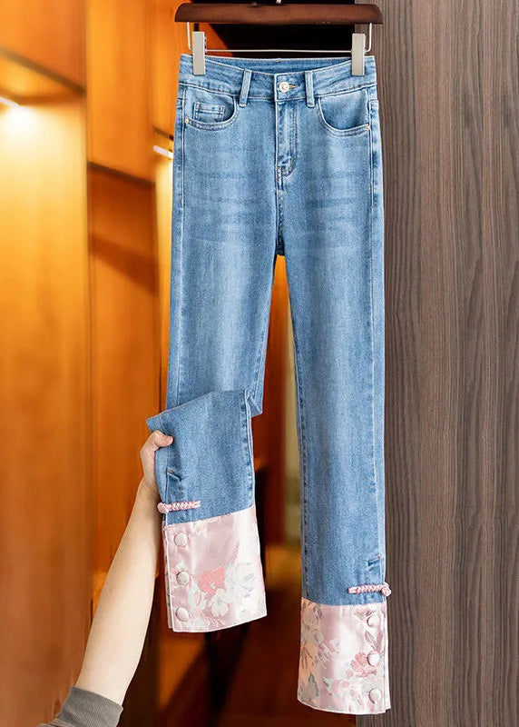 Boho Blue Patchwork Pink High Waist Straight Jeans TY1061