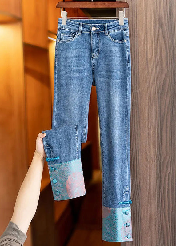 Boho Blue Patchwork Pink High Waist Straight Jeans TY1061