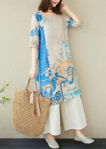 Boho Blue Print O-Neck Side Open Linen Two Piece Set Women Clothing Summer LY1513