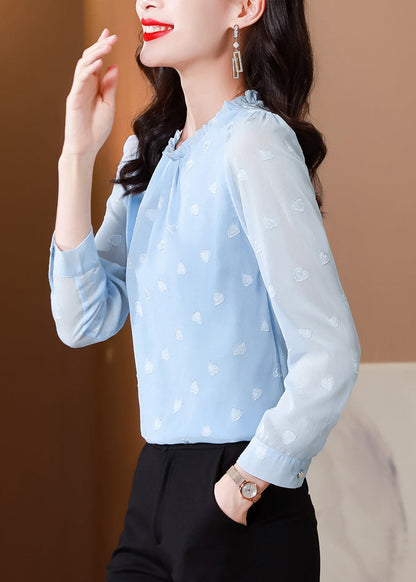 Boho Blue Ruffled Draping Chiffon Shirt Top Spring LY0425