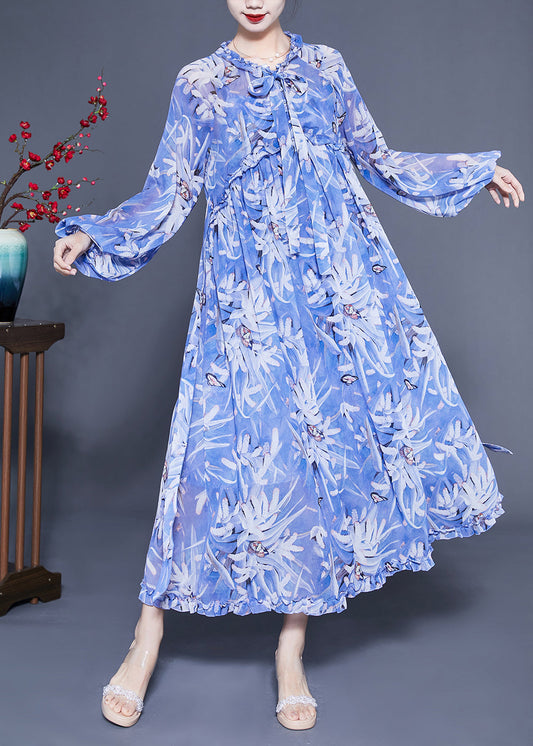 Boho Blue Ruffled Print Exra Large Hem Silk Beach Dresses Lantern Sleeve LY1088