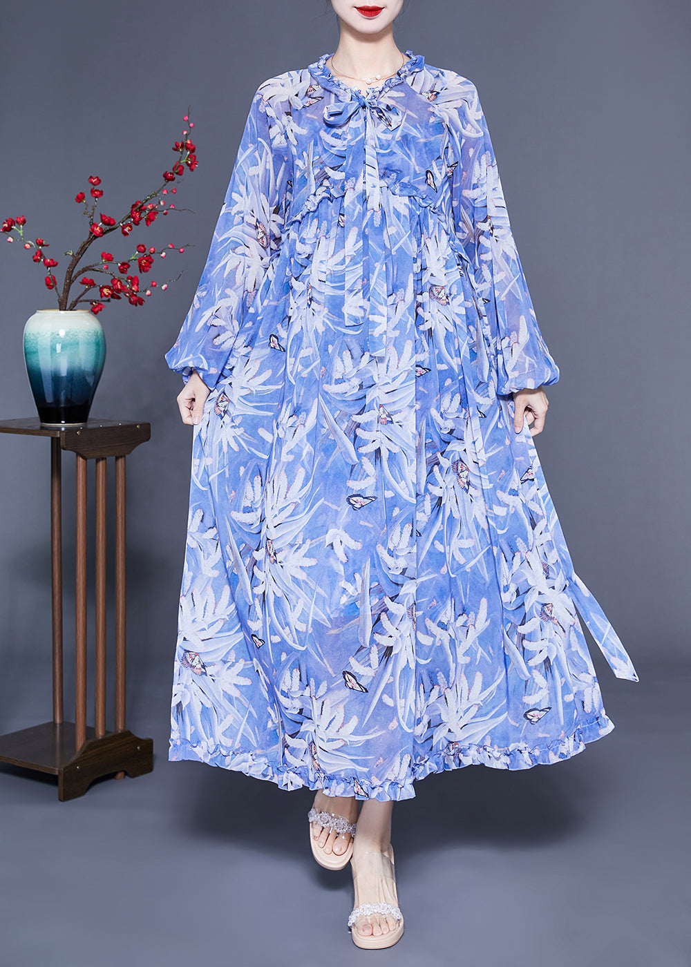 Boho Blue Ruffled Print Exra Large Hem Silk Beach Dresses Lantern Sleeve LY1088