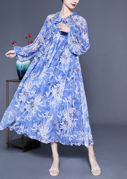 Boho Blue Ruffled Print Exra Large Hem Silk Beach Dresses Lantern Sleeve LC0432