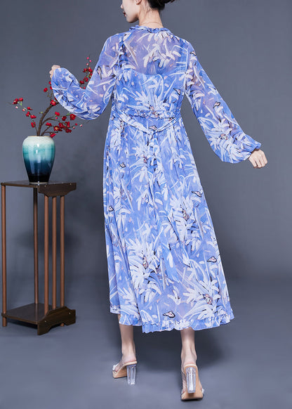 Boho Blue Ruffled Print Exra Large Hem Silk Beach Dresses Lantern Sleeve LY1088