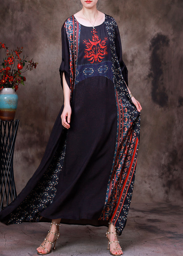 Boho Chocolate Colour Print Patchwork Silk Maxi Dress Long Sleeve HA1031