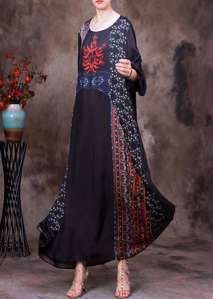 Boho Chocolate Colour Print Patchwork Silk Maxi Dress Long Sleeve HA1031