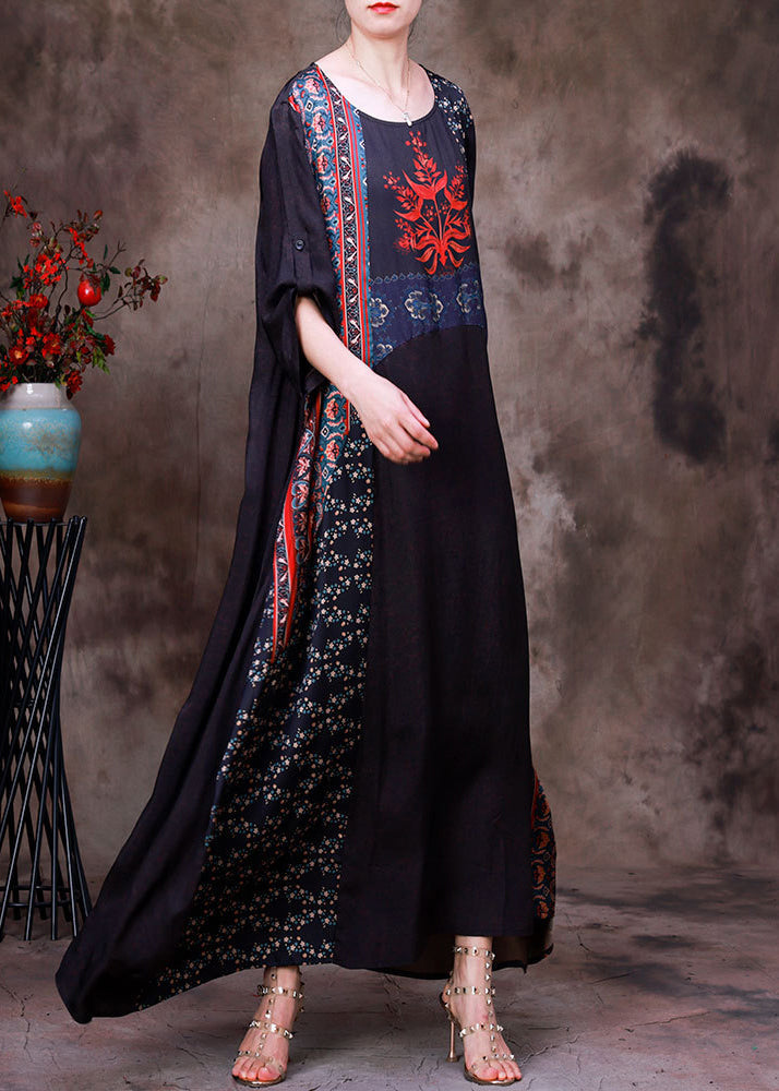 Boho Chocolate Colour Print Patchwork Silk Maxi Dress Long Sleeve HA1031