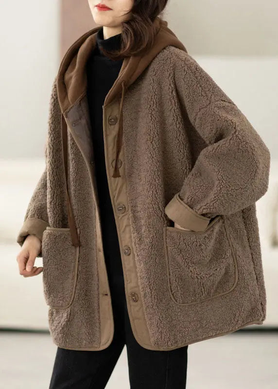 Boho Coffee Patchwork Button Thick Faux Fur Hooded Coats Winter Ada Fashion