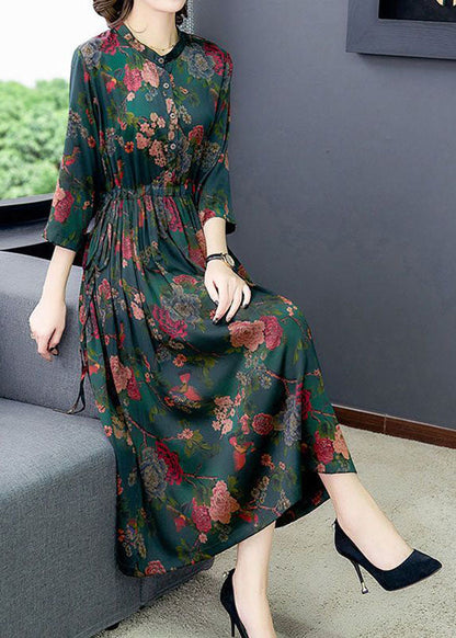 Boho Green Cinched Print Silk Dresses Bracelet Sleeve LC0206