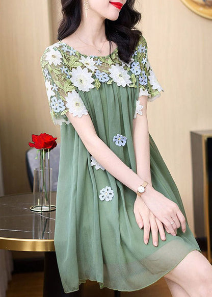 Boho Green O-Neck Embroideried Patchwork Tulle Mid Dresses Short SleeveTI1042