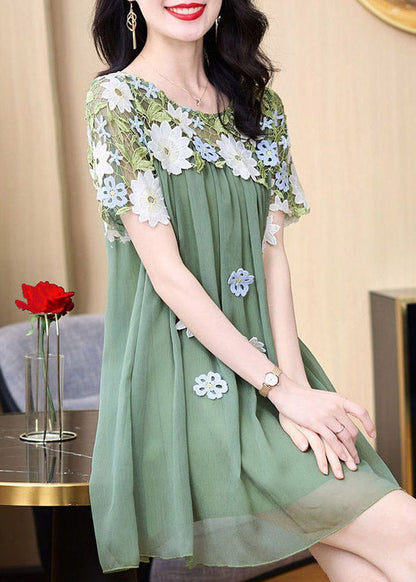 Boho Green O-Neck Embroideried Patchwork Tulle Mid Dresses Short SleeveTI1042