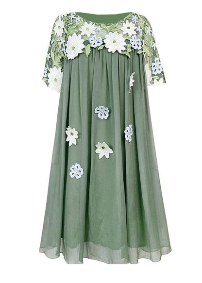 Boho Green O-Neck Embroideried Patchwork Tulle Mid Dresses Short SleeveTI1042