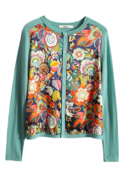 Boho Green O-Neck Print Chiffon Patchwork Button Knit Top Long Sleeve LY0403