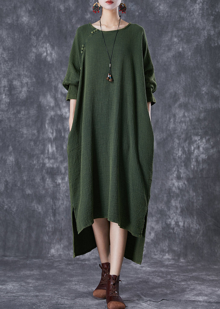 Boho Green Oversized Low High Design Linen Maxi Dresses Fall TD1060