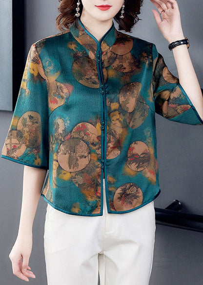 Boho Green Stand Collar Print Patchwork Silk Blouse Top Summer LC0277