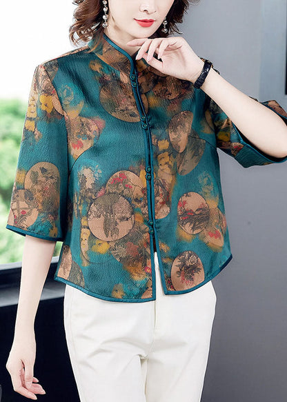 Boho Green Stand Collar Print Patchwork Silk Blouse Top Summer LC0277