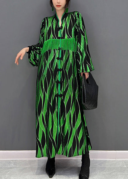 Boho Green V Neck Patchwork Tassel Button Velour Maxi Dresses Fall HA1015